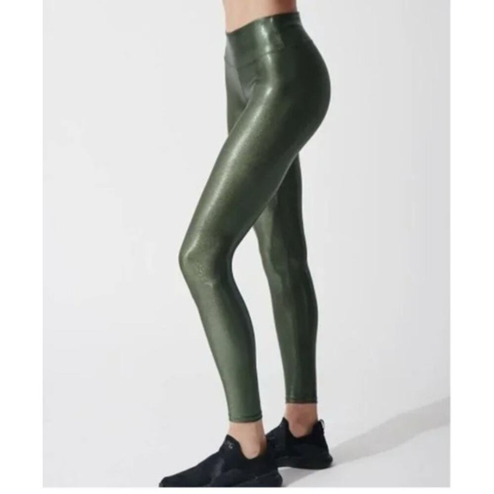 EUC Allfenix Anthropologie Liquid Olive Green Leggings M Shine Sparkle Glitter